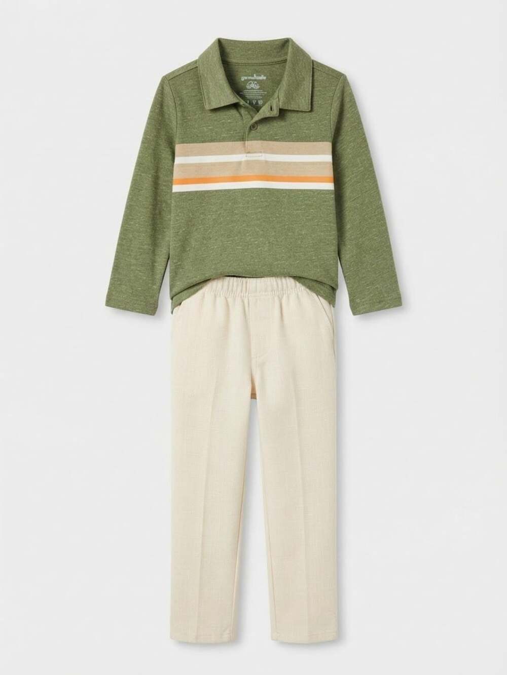 Okie Dokie Boys Green Striped Polo Shirt And Pants Outfit Set